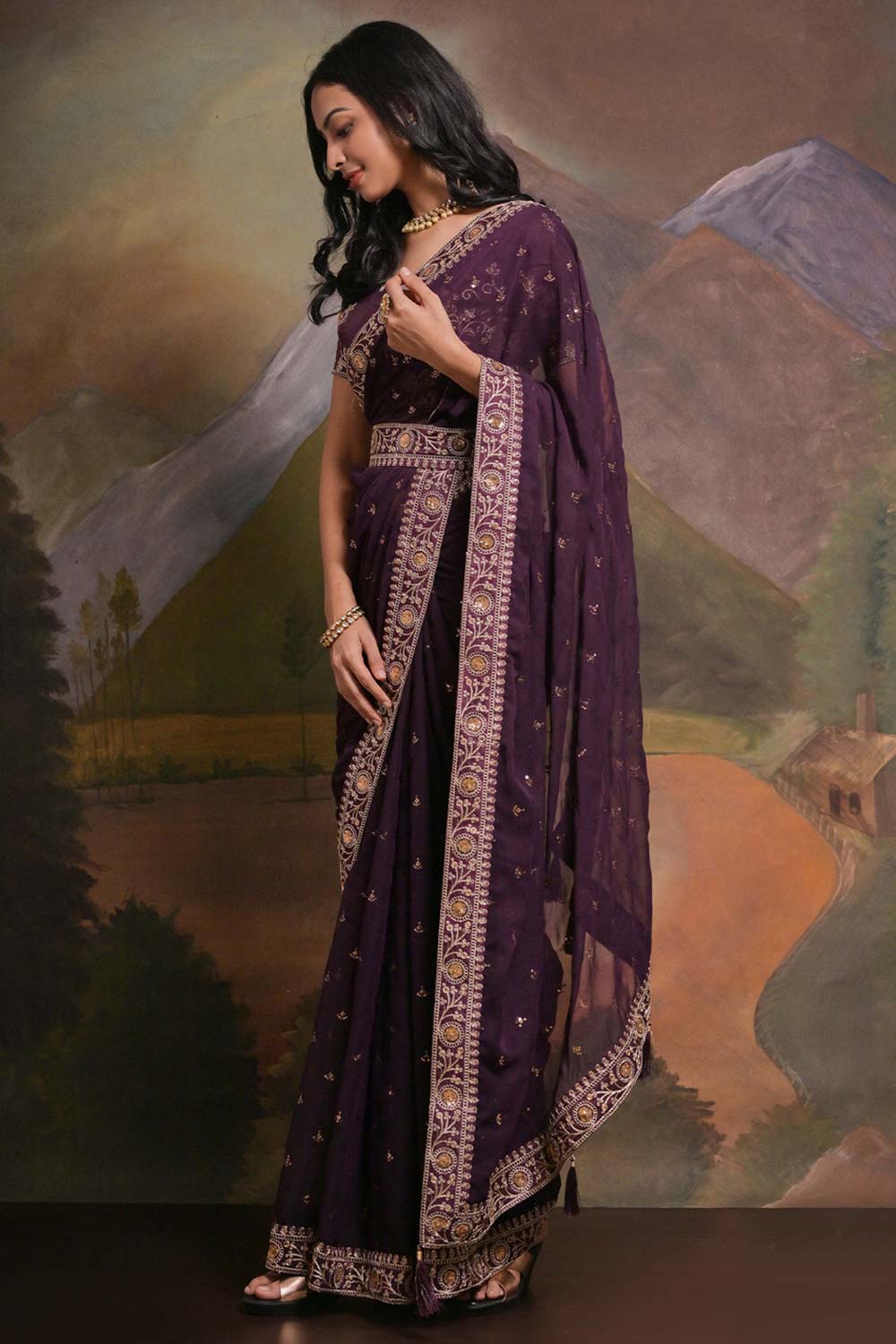 Riddhi Deep Purple Georgette Sequins One Minute Saree