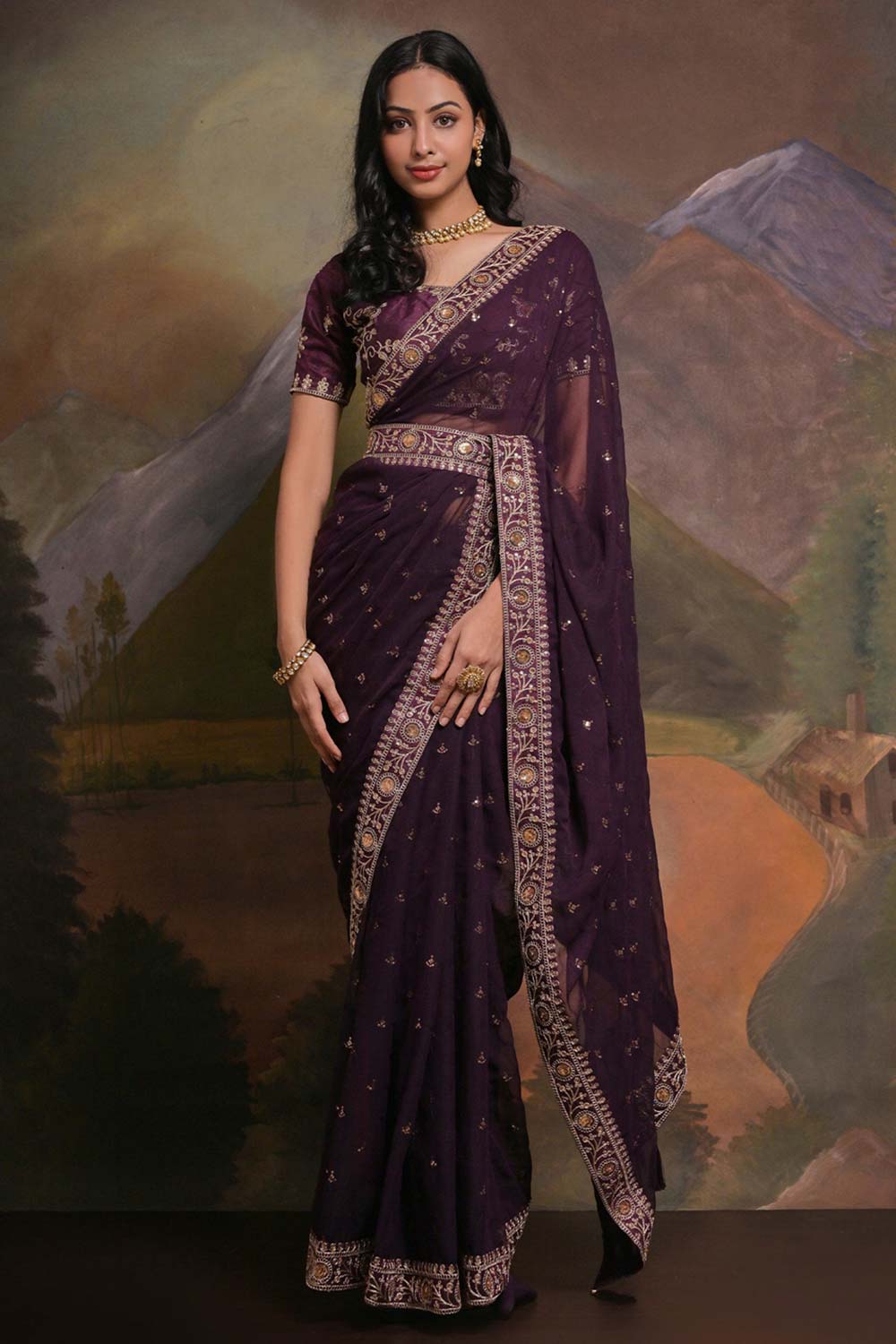 Riddhi Deep Purple Georgette Sequins One Minute Saree