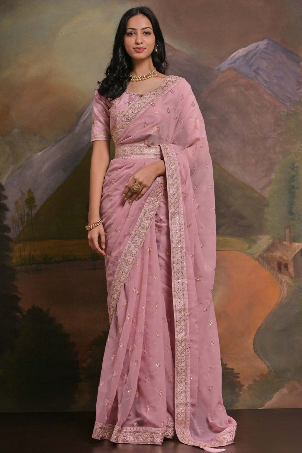 Riddhi Pink Georgette Sequins One Minute Saree