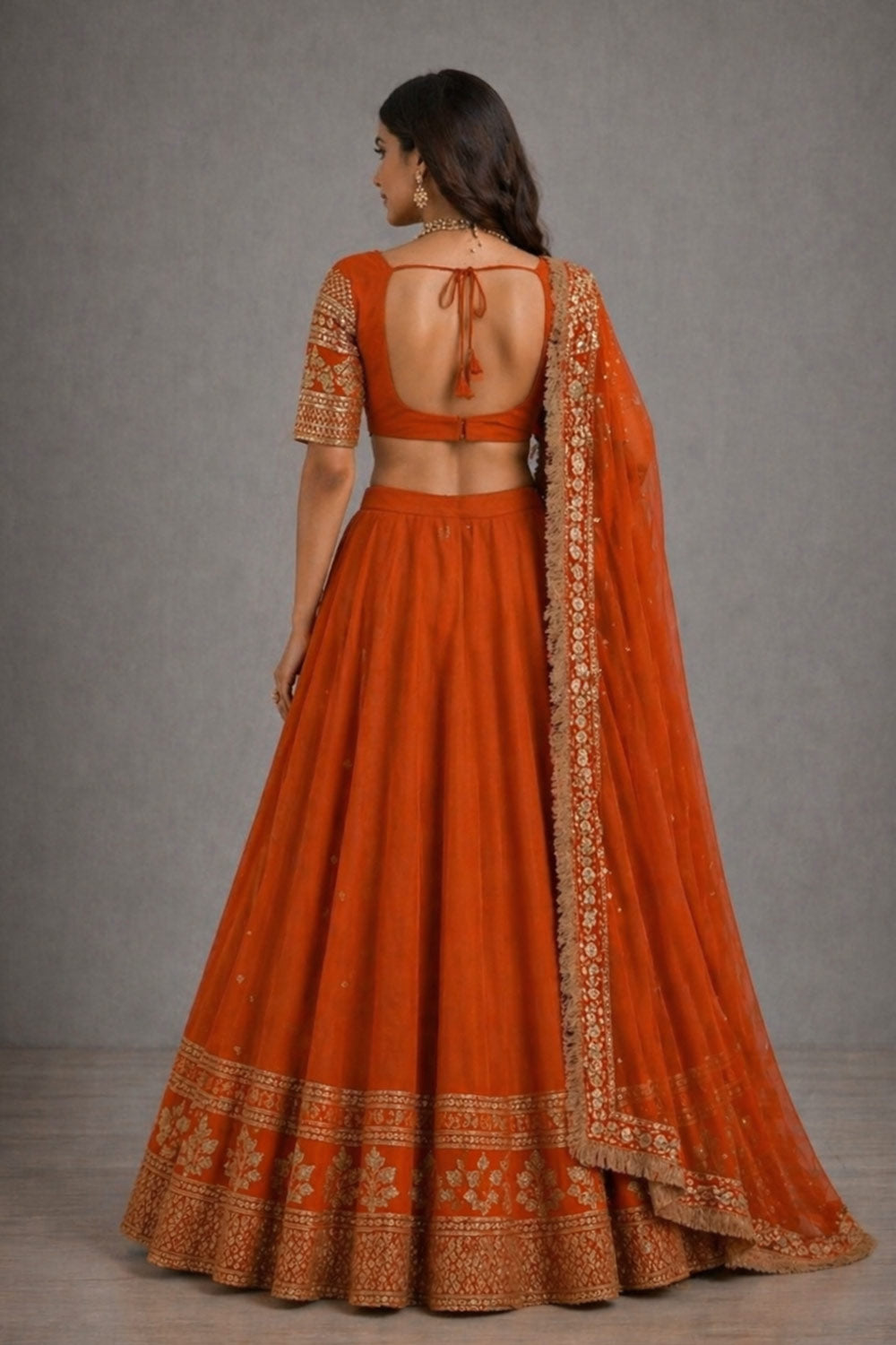 Ria Rust Orange Zari &amp; Sequin Embroidered Faux Georgette Lehenga Saree