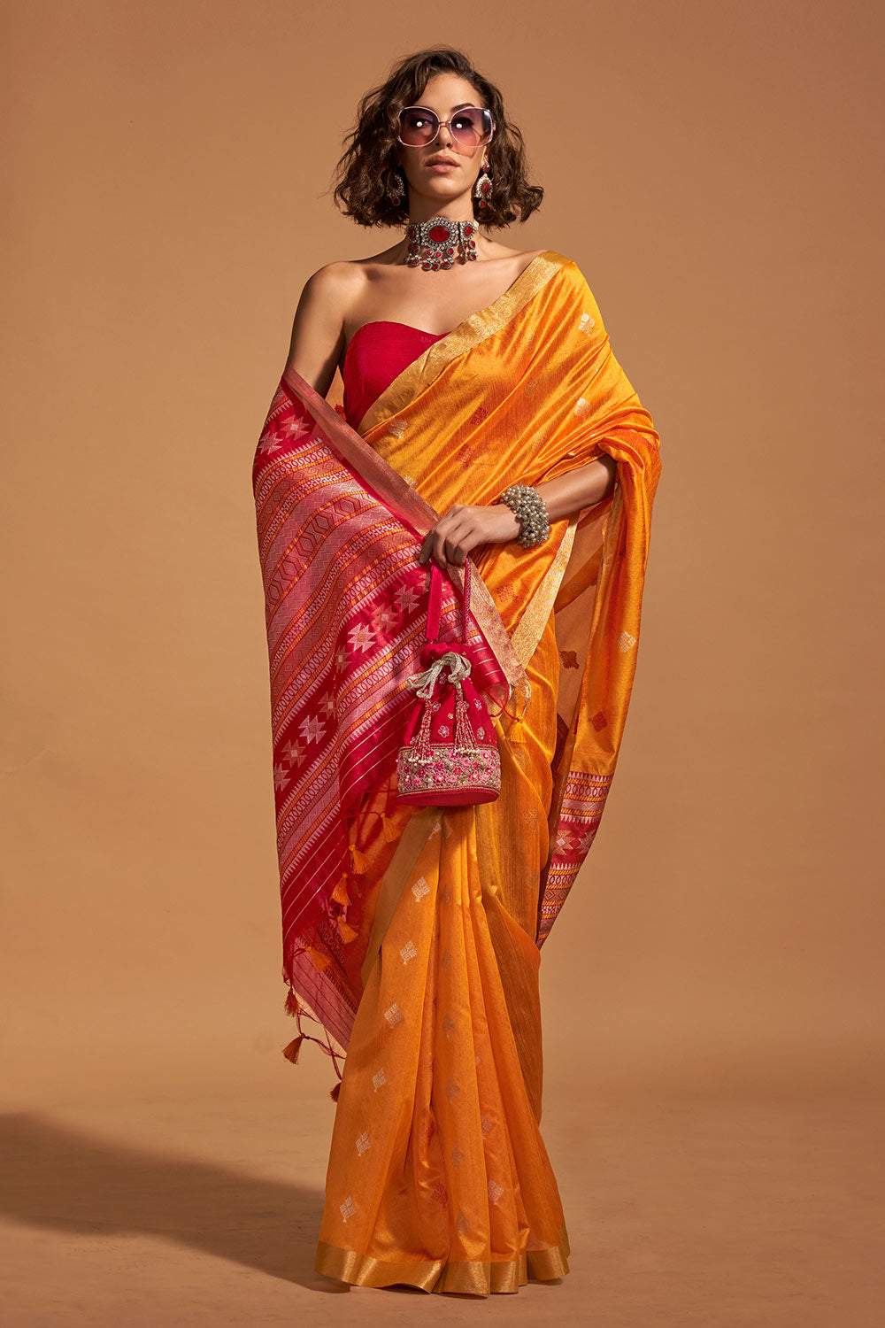 Chhaya Orange Kanoi Silk Woven Floral One Minute Saree