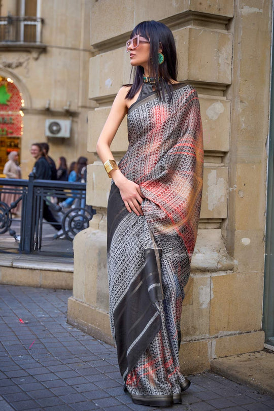 Leana Grey Print Viscose Crepe One Minute Saree