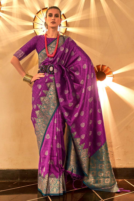 Aline Purple Art Silk Lace Foil-print One Minute Saree