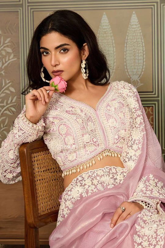 Prisha Light Pink Soft Organza White Embroidered Border Ready to Wear Saree
