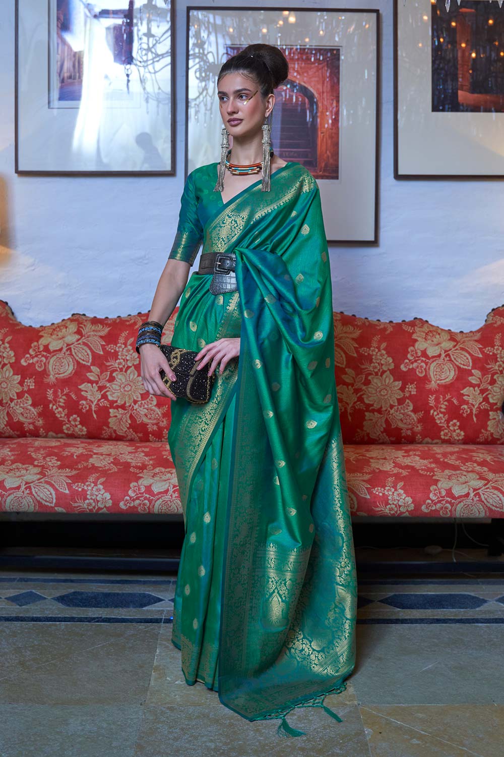 Yara Green Moss Weave Art Silk Ready to Ship One Minute Saree