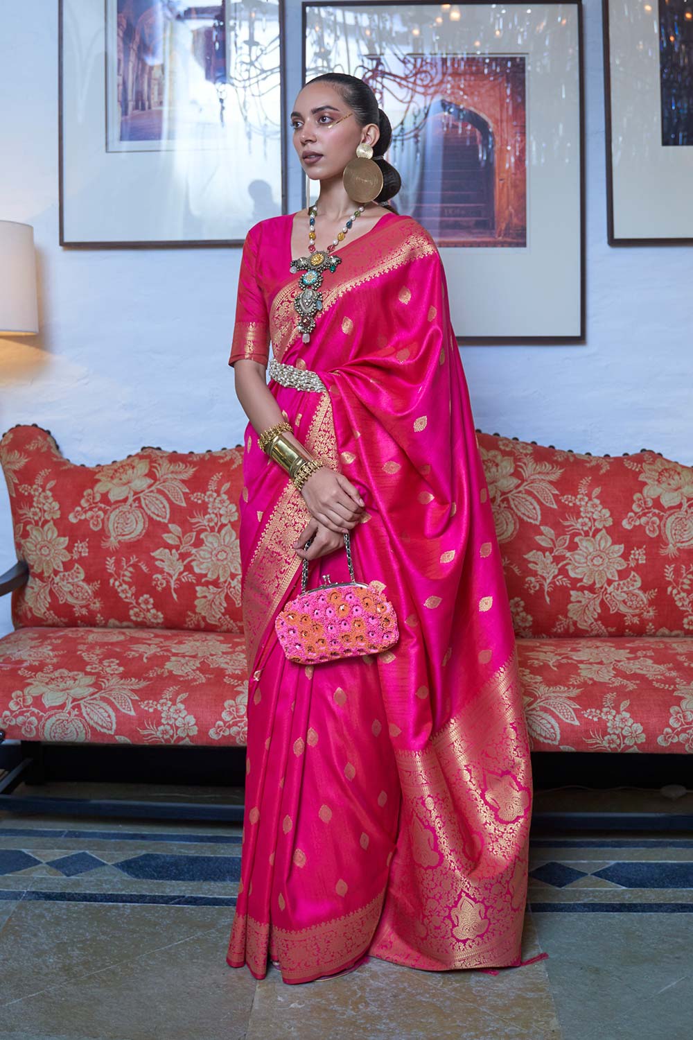 Silia Moss Weave Pink Art Silk Ready to Ship One Minute Saree