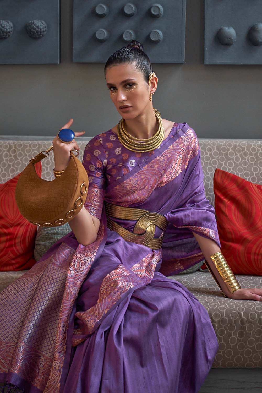 Vama Purple Silk Zari Handloom Weaving One Minute Saree