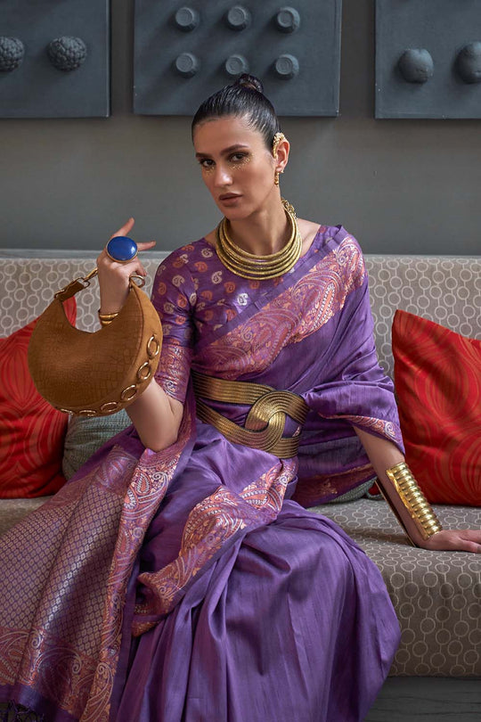 Vama Purple Silk Zari Handloom Weaving One Minute Saree