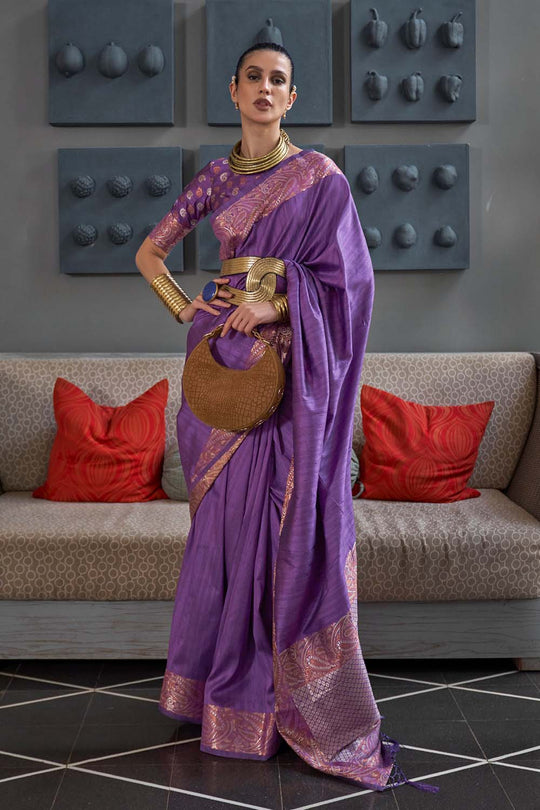 Vama Purple Silk Zari Handloom Weaving One Minute Saree