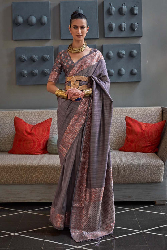 Vama Grey Silk Zari Handloom Weaving One Minute Saree