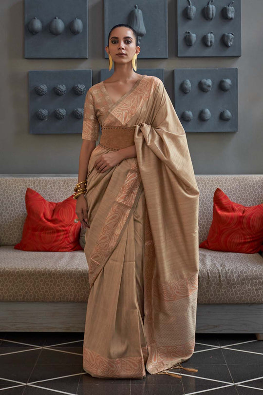 Vama Brown Silk Zari Handloom Weaving One Minute Saree