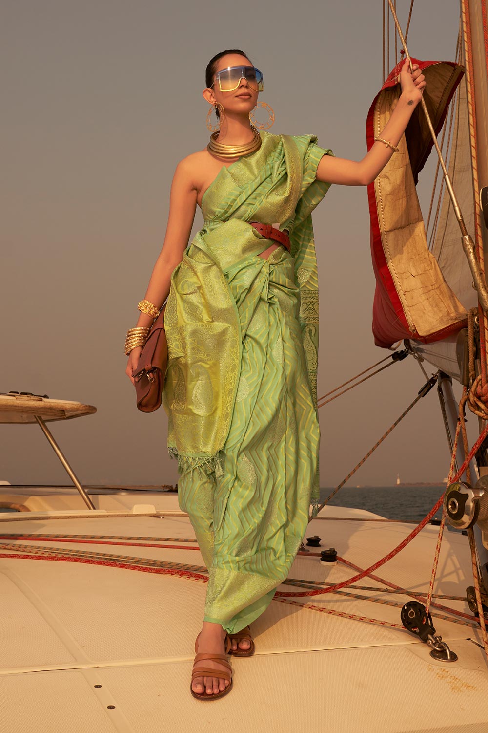 Deira Green Satin Nylon Two Tone Weaving One Minute Saree