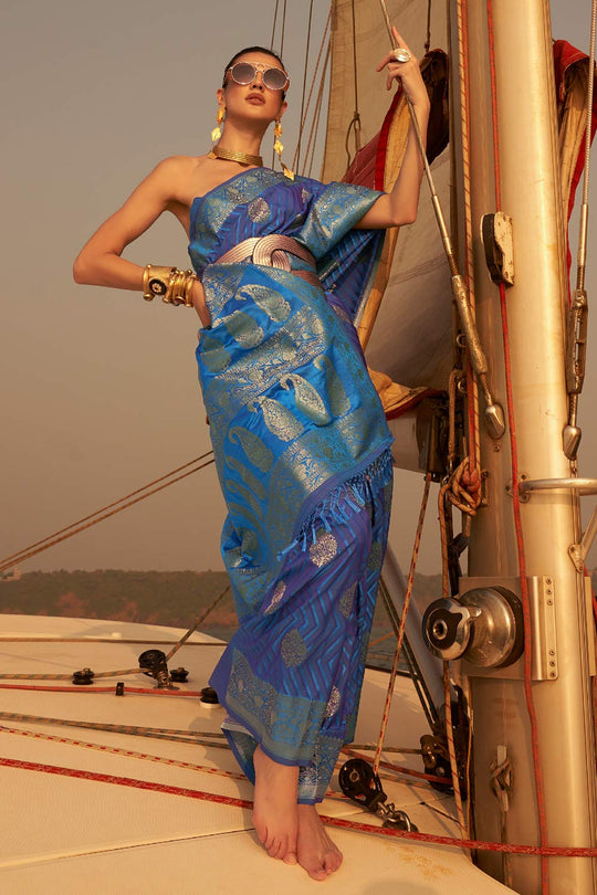 Deira Navy Blue Satin Nylon Two Tone Weaving One Minute Saree