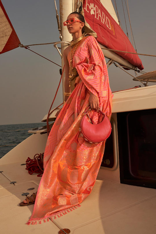 Deira Pink Satin Nylon Two Tone Weaving One Minute Saree