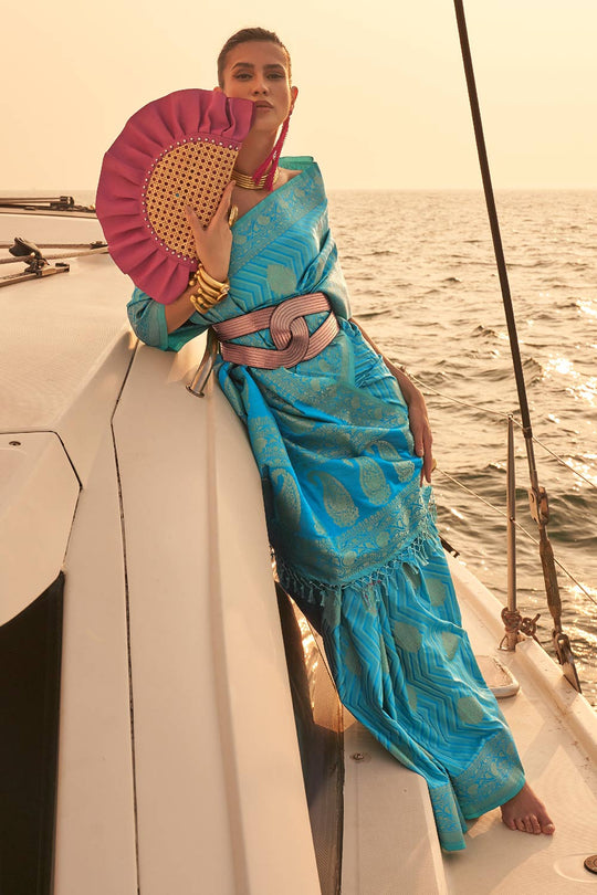 Deira Light Blue Satin Nylon Two Tone Weaving One Minute Saree