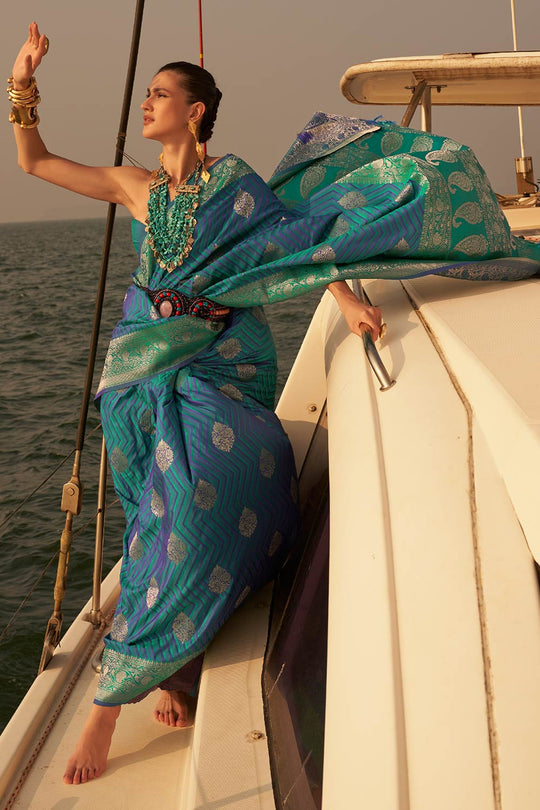 Deira Blue & Green Satin Nylon Two Tone Weaving One Minute Saree