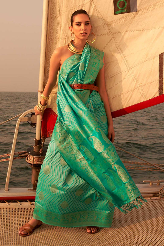 Deira Turquoise Satin Nylon Two Tone Weaving One Minute Saree