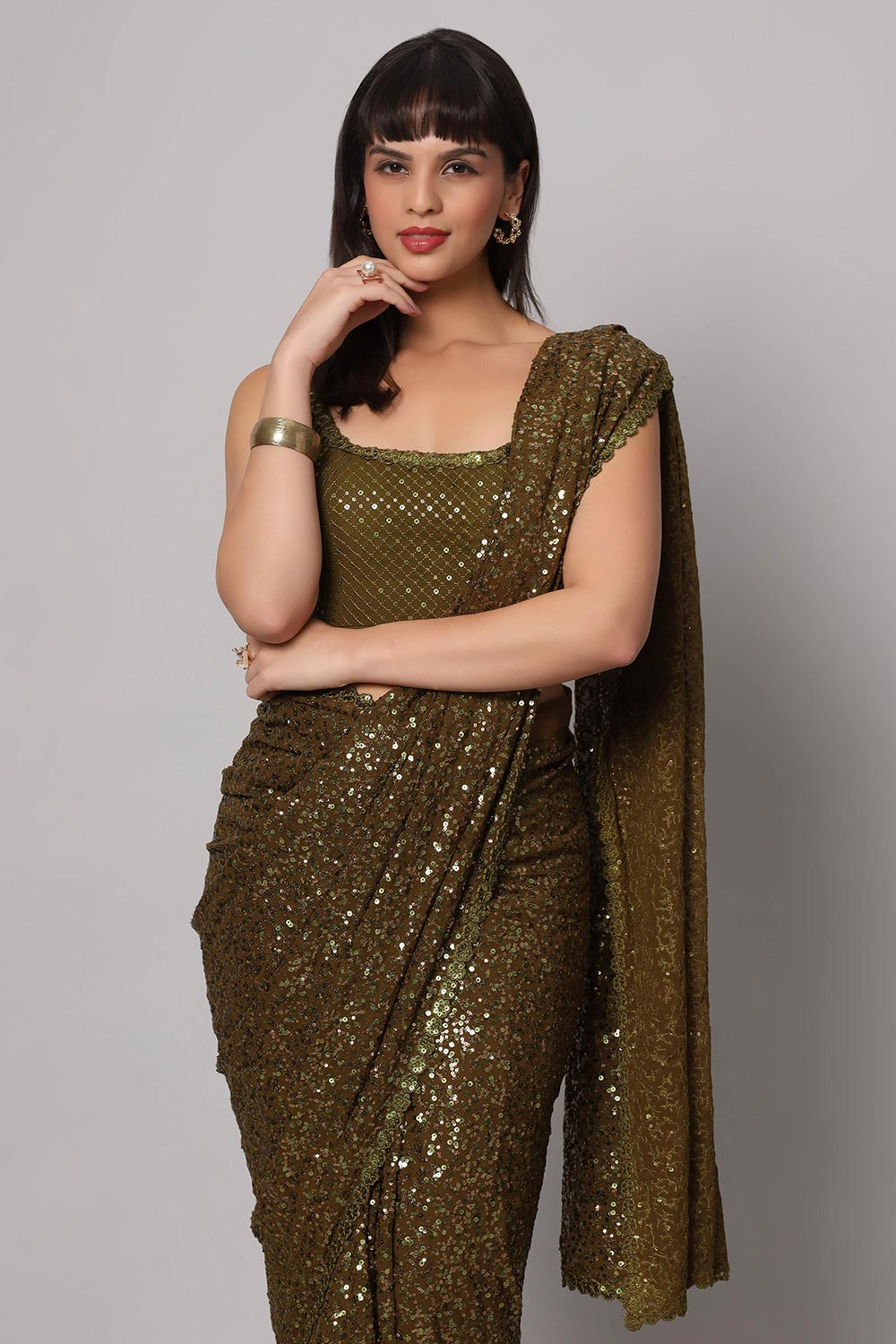 Mehendi Georgette Sequins with Embroidery Ready to Wear One Minute Saree