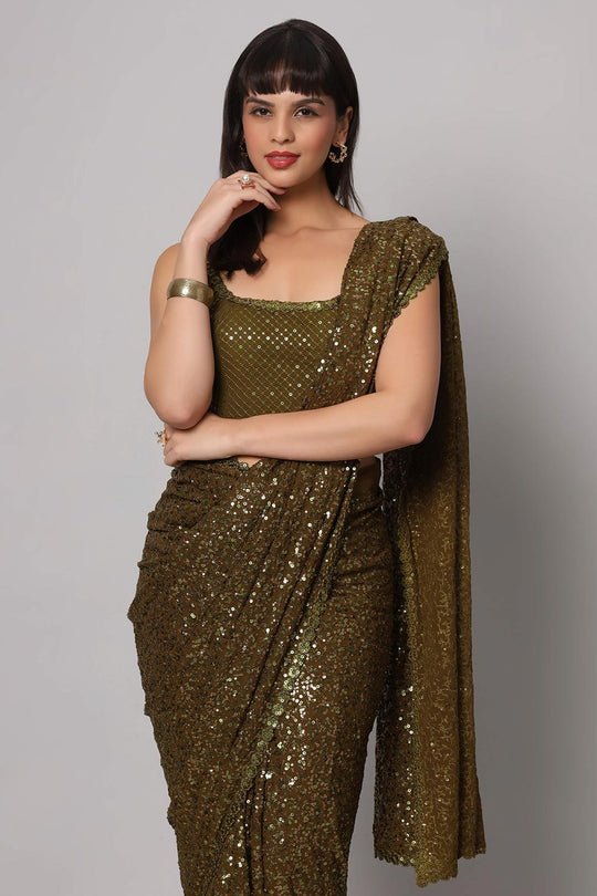 Mehendi Georgette Sequins with Embroidery Ready to Wear One Minute Saree