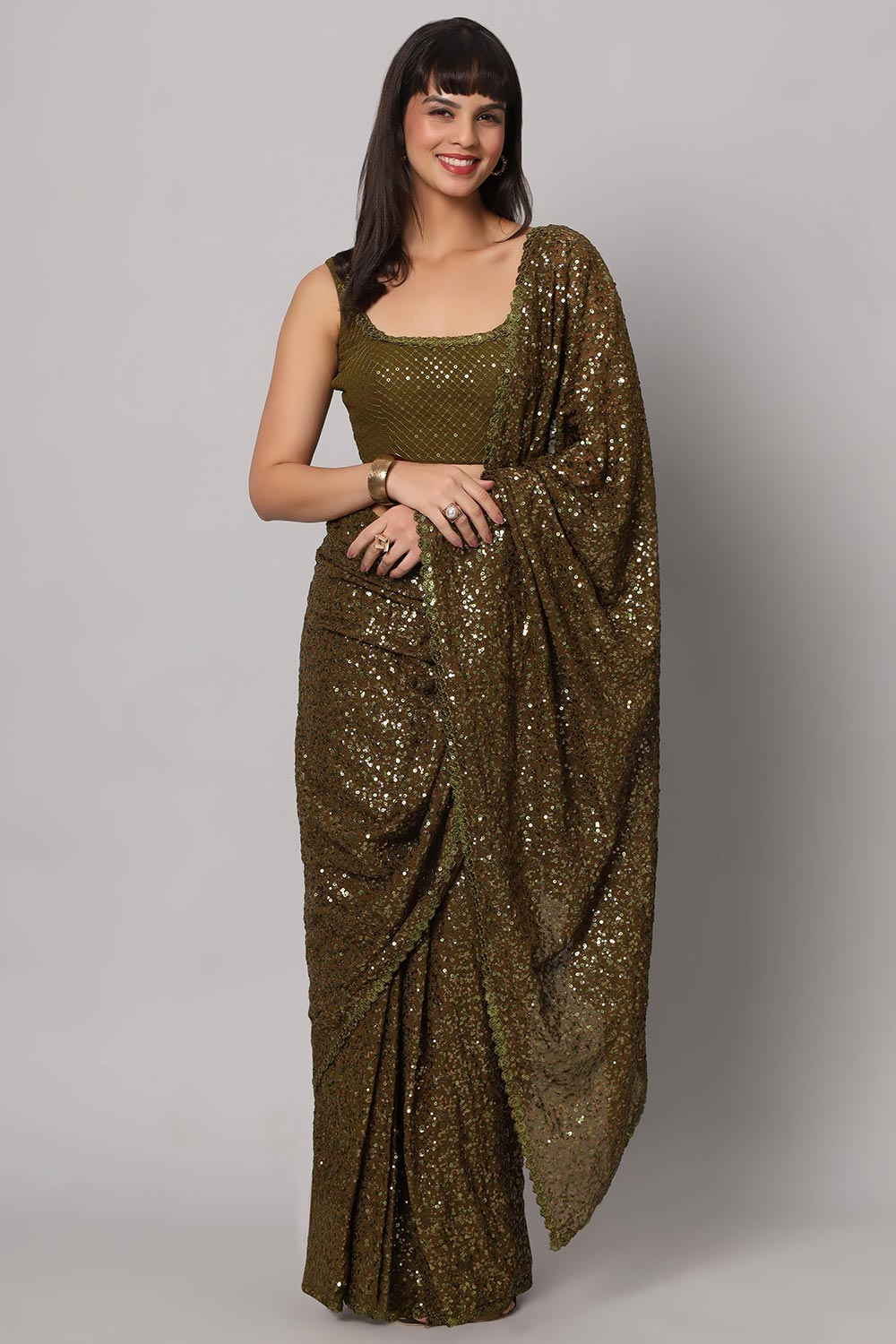 Mehandi Sequins Embroidery Faux Georgette One Minute Saree
