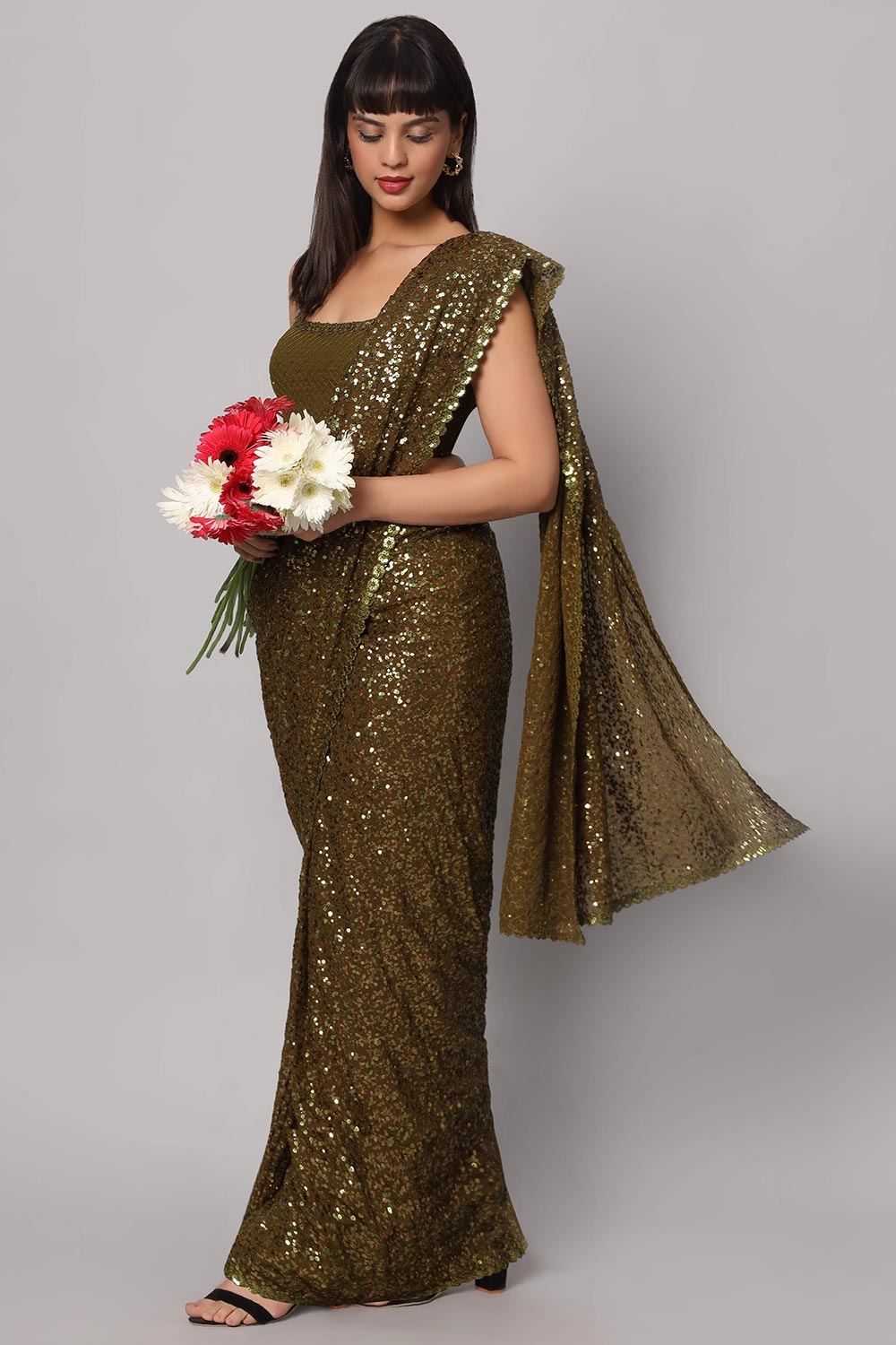 Mehendi Georgette Sequins with Embroidery Ready to Wear One Minute Saree