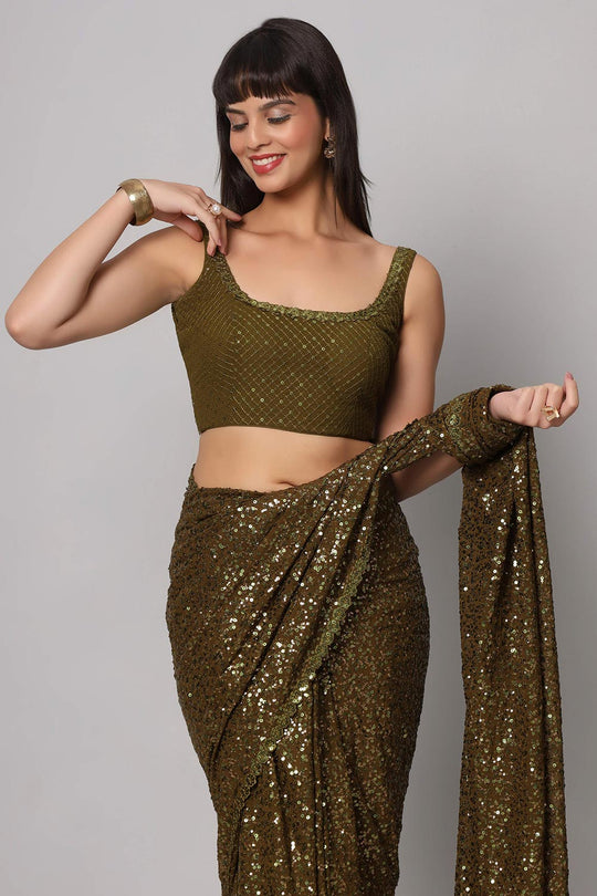Mehendi Georgette Sequins with Embroidery Ready to Wear One Minute Saree