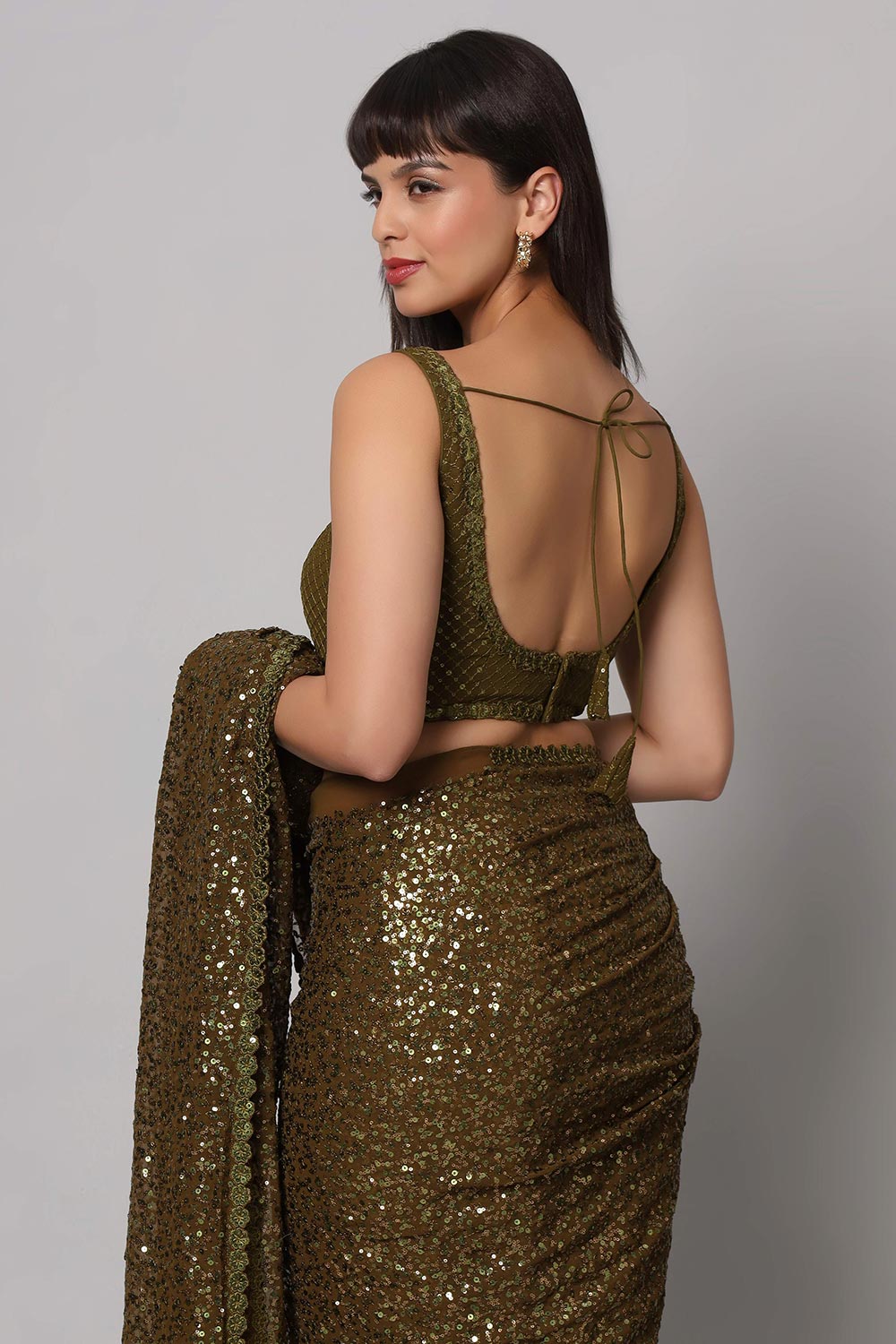 Mehendi Georgette Sequins with Embroidery Ready to Wear One Minute Saree