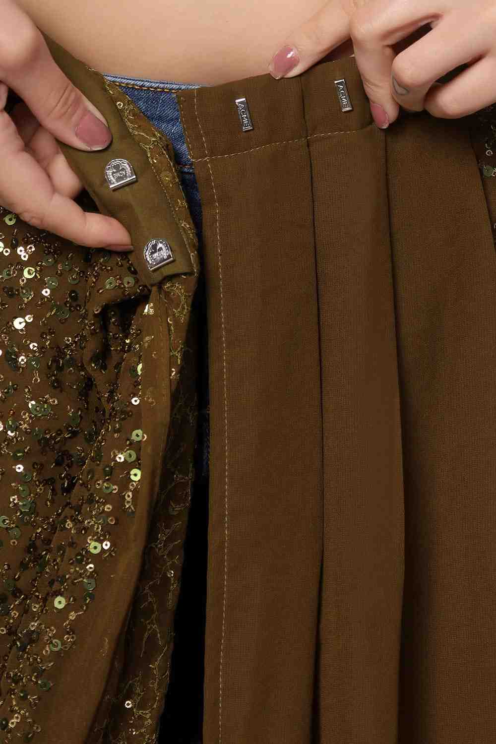 Mehendi Georgette Sequins with Embroidery Ready to Wear One Minute Saree