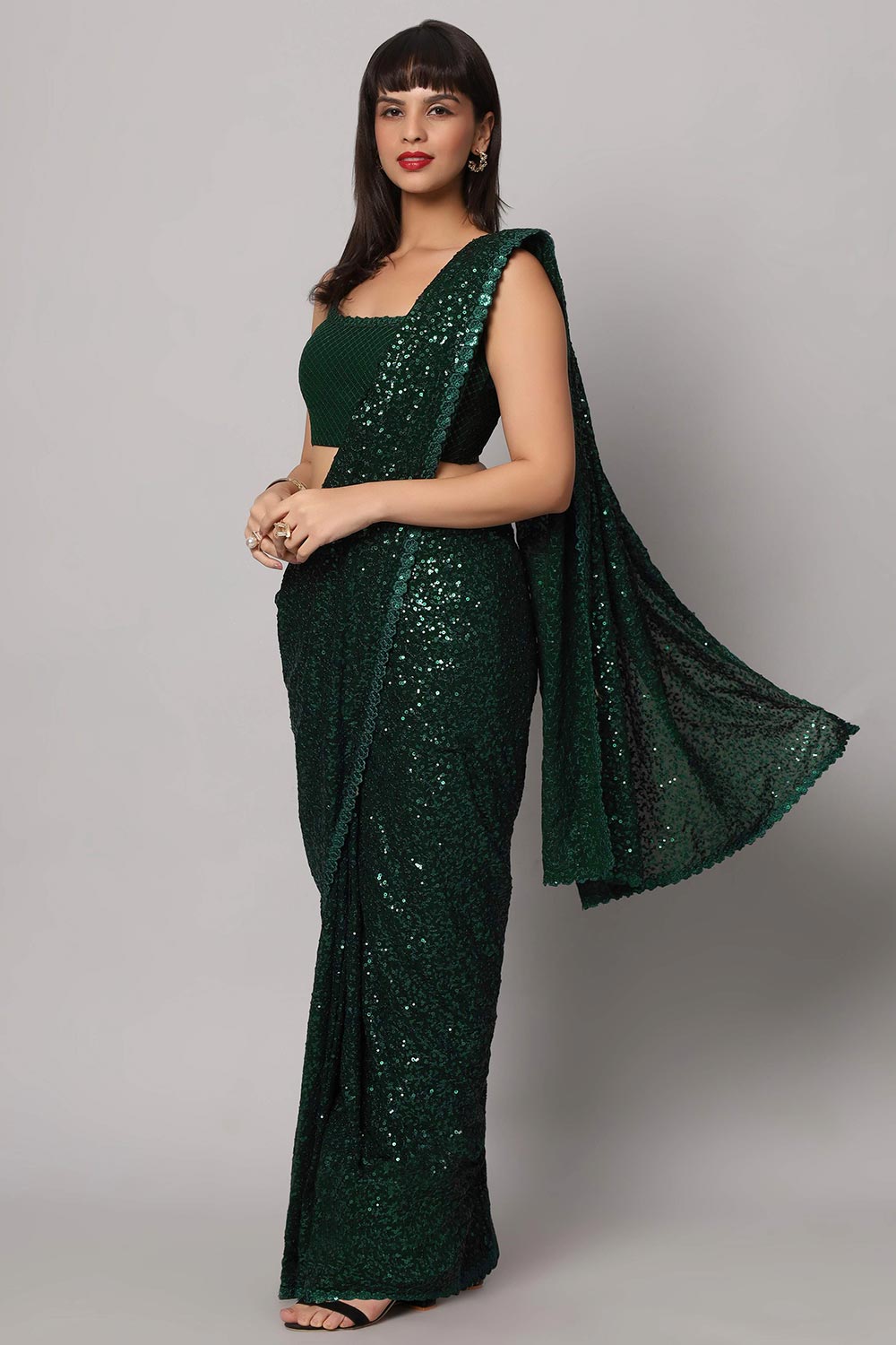 Mia Green Sequin Embroidery Faux Georgette One Minute Saree