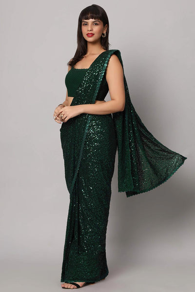 Mia Green Sequin Embroidery Faux Georgette One Minute Saree