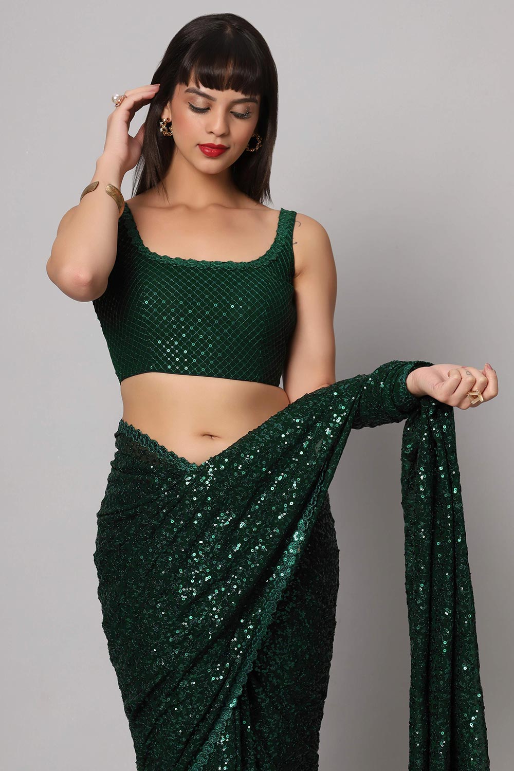 Mia Green Faux Georgette Sequins with Embroidery Ready to Wear One Minute Saree
