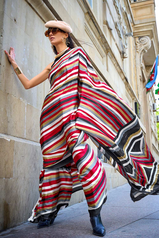Amal  Multi-Color Stripes Printed Satin Crepe One Minute Saree
