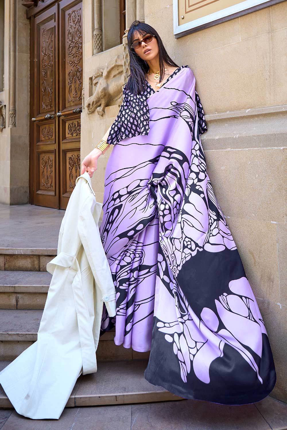 Lorna Lavender Printed Satin Crepe One Minute Saree