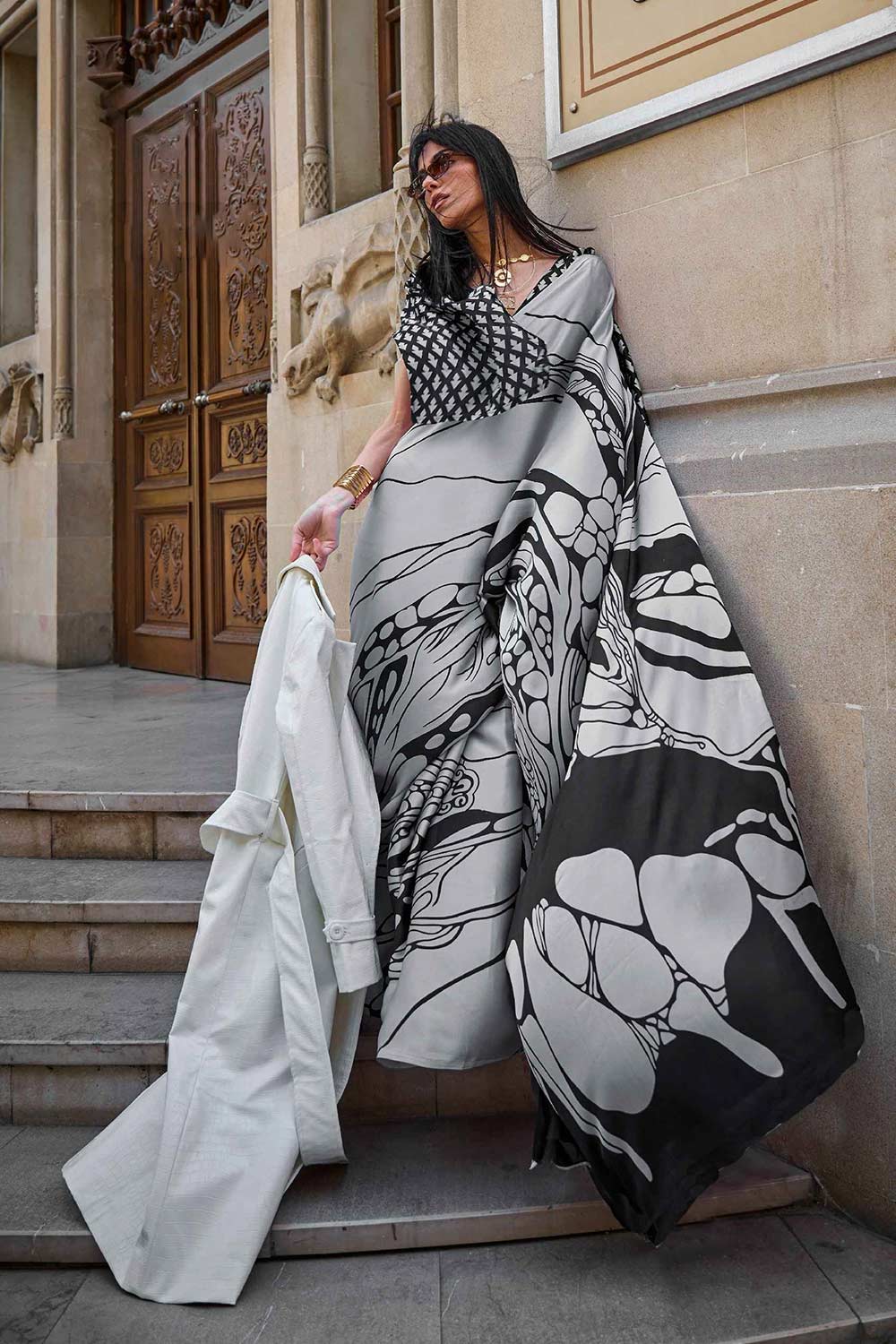 Gaia Silver Satin Crepe Printed Ready to Wear One Minute Saree