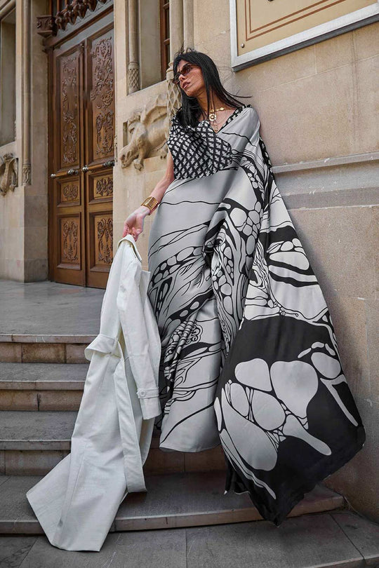 Gaia Silver Satin Crepe Printed Ready to Wear One Minute Saree