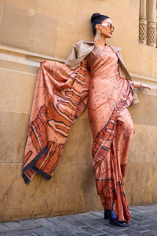 Amal Orange Abstract Printed Satin Crepe One Minute Saree