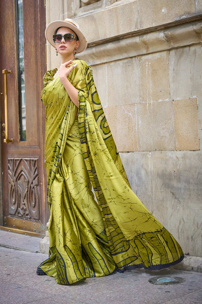 Amal Green Abstract Printed Satin Crepe One Minute Saree