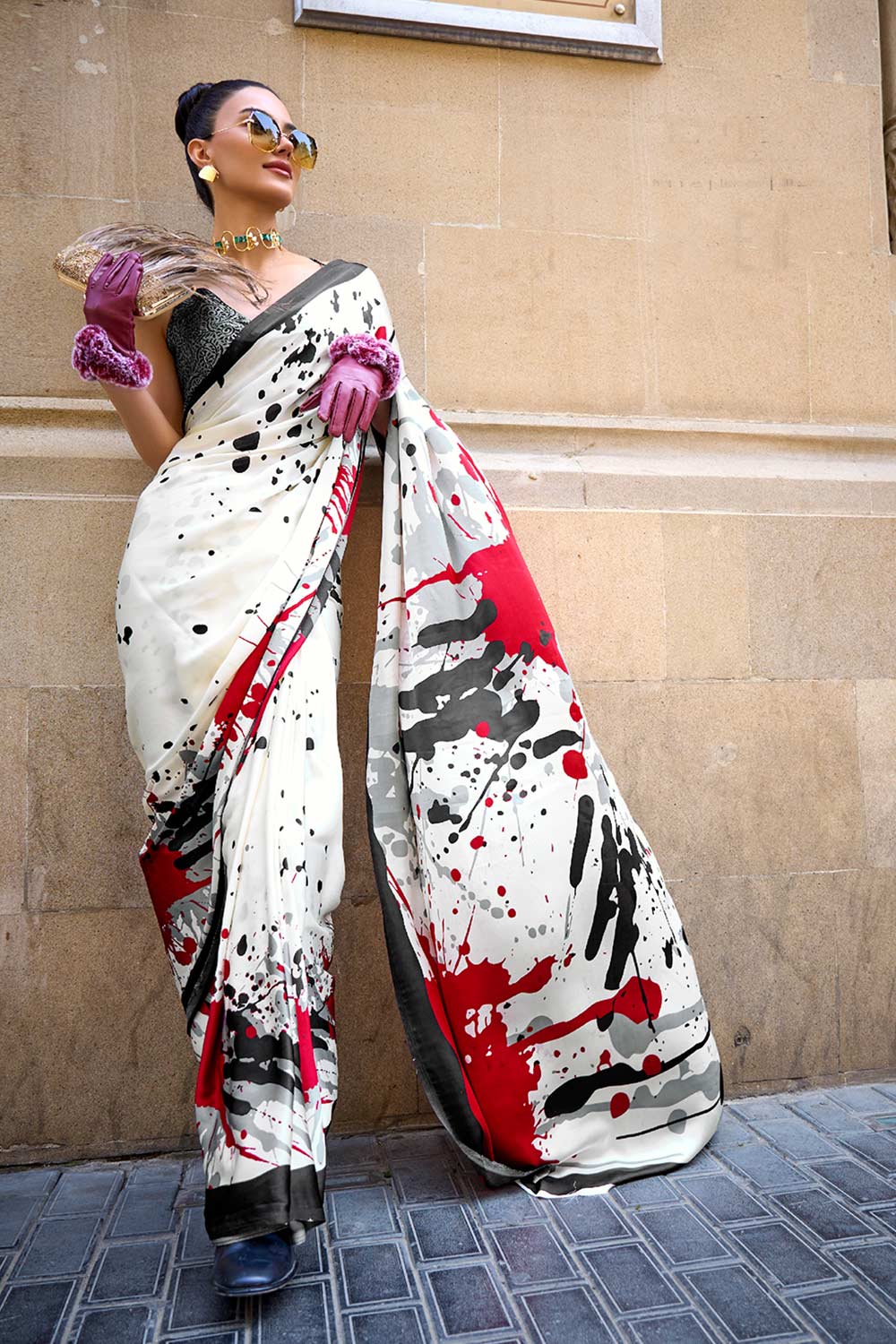 Amal White Abstract Printed Satin Crepe One Minute Saree
