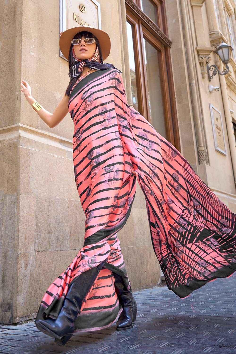 Amal Pink Printed Stripes Satin Crepe One Minute Saree