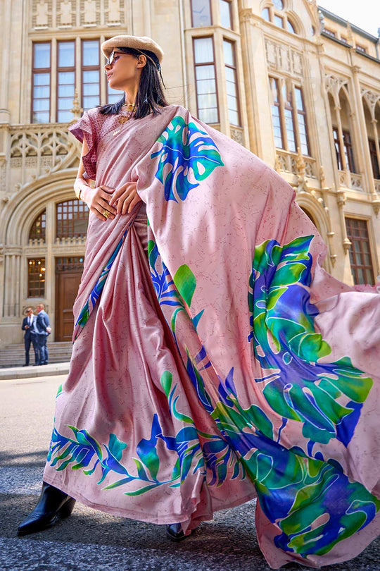 Amal Lavender Floral Print Satin Crepe One Minute Saree