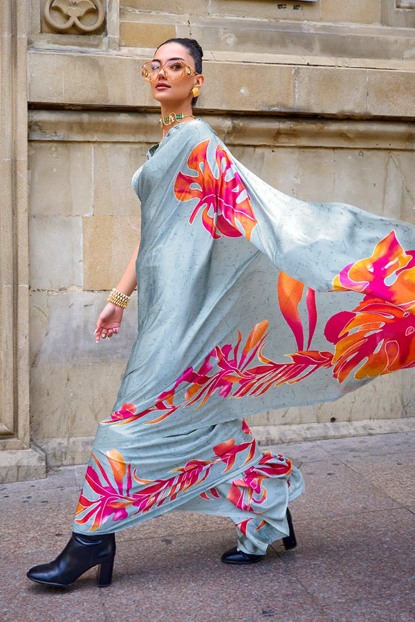 Amal Grey Floral Print Satin Crepe One Minute Saree