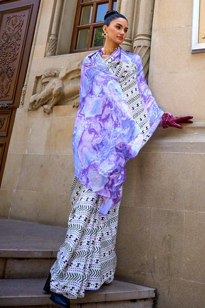 Amal Purple Ombre Print Satin Crepe One Minute Saree