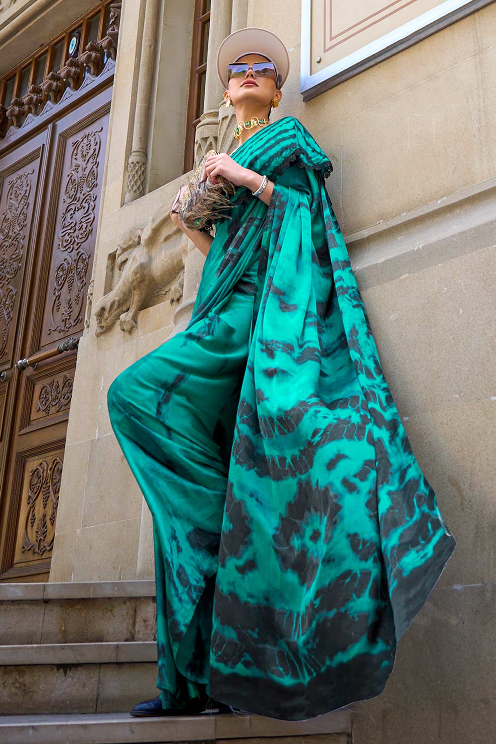 Amal Teal Abstract Print Satin Crepe One Minute Saree