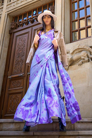 Amal Purple Abstract Print Satin Crepe One Minute Saree
