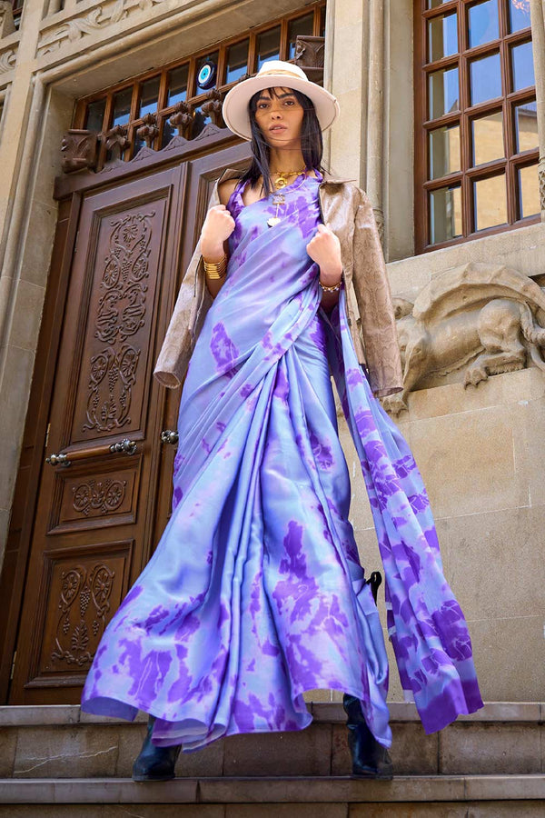 Amal Purple Abstract Print Satin Crepe One Minute Saree