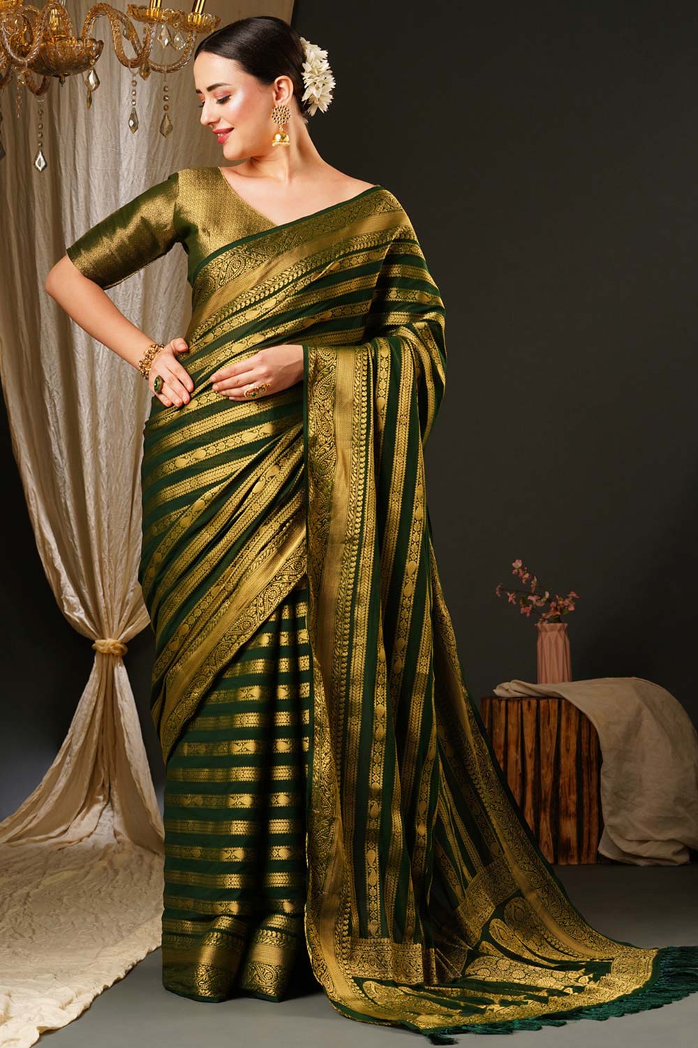 Alekha Dark Green Georgette Striped One Minute Saree