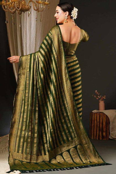 Alekha Dark Green Georgette Striped One Minute Saree