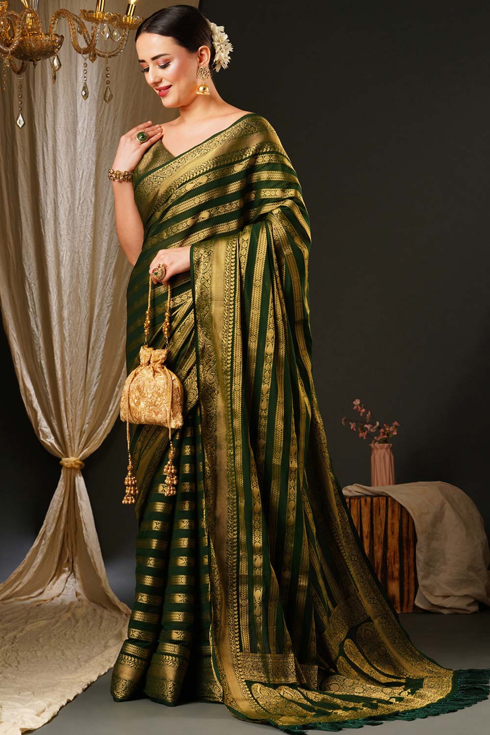 Alekha Dark Green Georgette Striped One Minute Saree