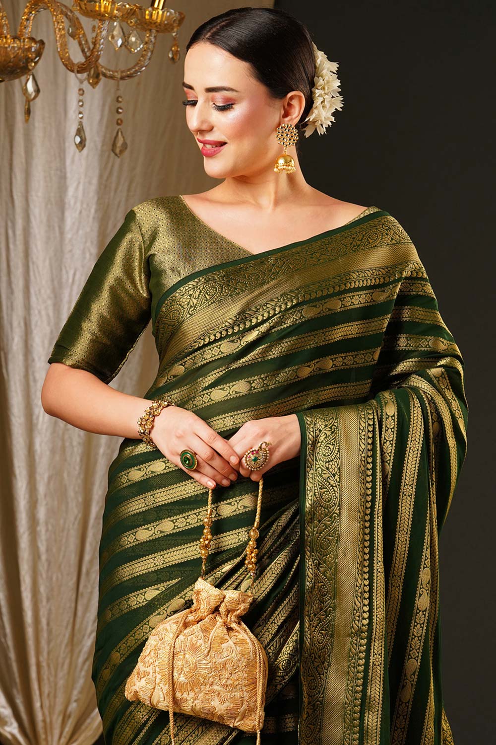 Alekha Dark Green Georgette Striped One Minute Saree