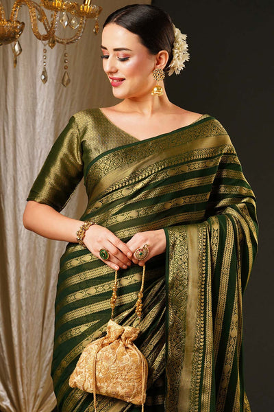 Alekha Dark Green Georgette Striped One Minute Saree